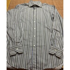 Etro Milano Green Blue Brown Stripe Mens Spread Collar Cotton Button Front Sz 40